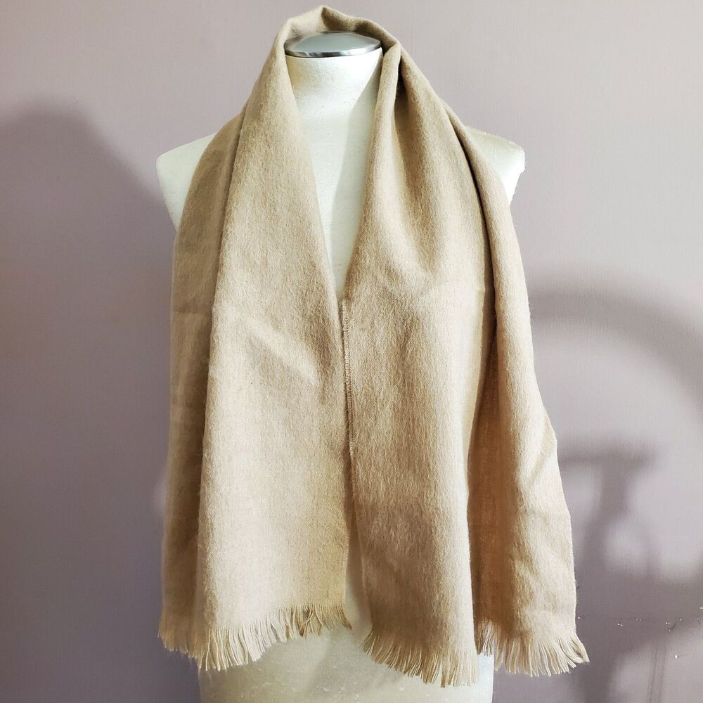 Courtelle Scarf Wrap Beige Woven Self Fringe 12x50" Soft Unisex France Vintage